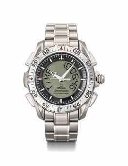 Omega. A Fine Titanium Quartz Chronograph Dual Time Perpetual Calendar Wristwatch with Analogue and Digital Display, Center Seconds, Alarm, Light, International Warranty, and Box