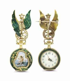 Bornand. A Fine, Rare and Small 18k Gold, Enamel and Diamond-set Openface Keyless Cylinder Pendant Watch with Matching Brooch