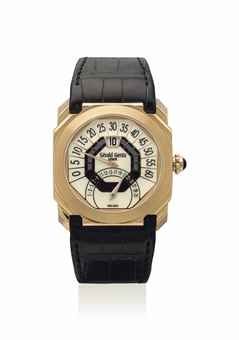 GERALD GENTA. A FINE 18K PINK GOLD OCTAGONAL AUTOMATIC JUMP HOUR DOUBLE RETROGRADE WRISTWATCH WITH DATE