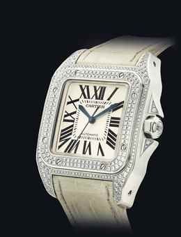 CARTIER. A VERY FINE 18K WHITE GOLD AND DIAMOND-SET SQUARE AUTOMATIC WRISTWATCH WITH SWEEP CENTRE SECONDS