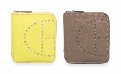 HERMES. A LIME CHEVRE LEATHER EVELYNE WALLET AN ETOUPE CHEVRE LEATHER EVELYNE WALLET