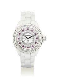 CHANEL. A LADY'S VERY FINE CERAMIC, DIAMOND AND RUBY-SET AUTOMATIC WRISTWATCH WITH SWEEP CENTRE SECONDS AND BRACELET