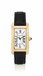 CARTIER. A FINE 18K GOLD RECTANGULAR AUTOMATIC WRISTWATCH WITH SWEEP CENTRE SECONDS AND DATE