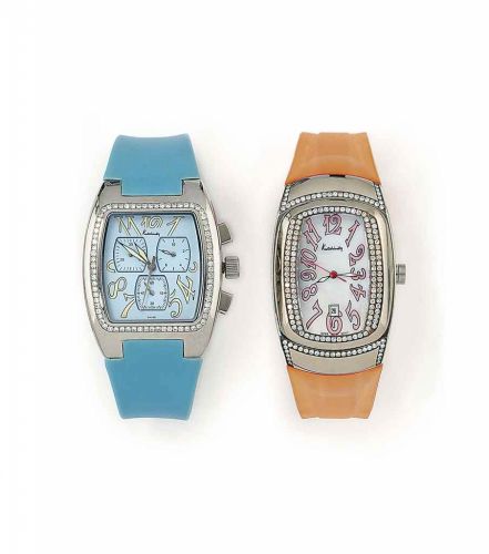 TWO STAINLESS STEEL DIAMOND-SET QUARTZ WRISTWATCHES, BY KUTCHINSKY