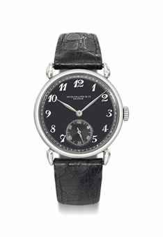 Patek Philippe. An extremely fine, rare and attractive stainless steel wristwatch with black lacquered dial and Breguet numerals