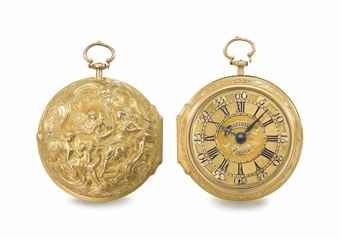 Cabrier. A fine 18K gold pair case verge watch, repoussé scene attributed to George Michael Moser, with outer protective case
