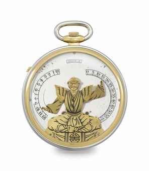 Verger Frères, made for Grogan Co. A fine, rare and unusual 18K yellow gold and platinum openface bras en l’air keyless lever dress watch