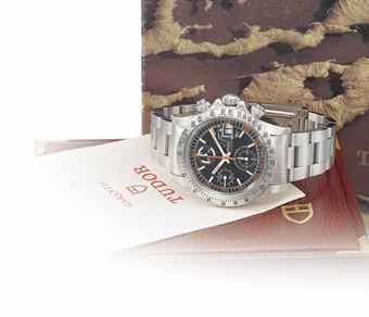 Tudor. A fine and rare stainless steel automatic chronograph wristwatch with date, bracelet, Garantie and box