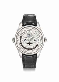 Girard-Perregaux. A fine and large 18K white gold automatic perpetual calendar world time wristwatch with moon phases, original certificate and box