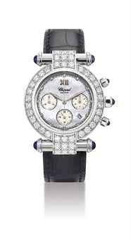 CHOPARD. A FINE 18K WHITE GOLD, DIAMOND AND SAPPHIRE-SET CHRONOGRAPH WRISTWATCH WITH DATE AND MOTHER-OF-PEARL DIAL