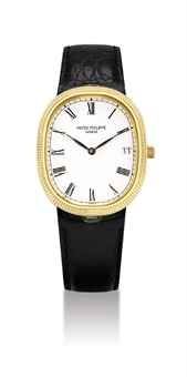 PATEK PHILIPPE. AN 18K GOLD CUSHION-SHAPED WRISTWATCH WITH DATE