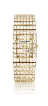 VACHERON CONSTANTIN. A MAGNIFICENT 18K GOLD AND DIAMOND-SET RECTANGULAR BRACELET WATCH