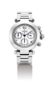 CARTIER. A STAINLESS STEEL AUTOMATIC CHRONOGRAPH WRISTWATCH WITH DATE AND BRACELET