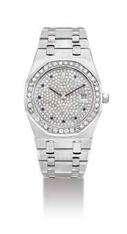 AUDEMARS PIGUET. AN 18K WHITE GOLD, DIAMOND AND SAPPHIRE-SET WRISTWATCH WITH DATE AND BRACELET