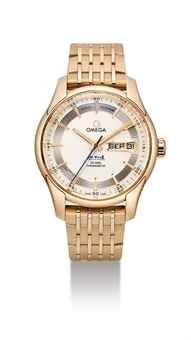 OMEGA. AN 18K PINK GOLD AUTOMATIC ANNUAL CALENDAR WRISTWATCH WITH SWEEP CENTRE SECONDS AND BRACELET