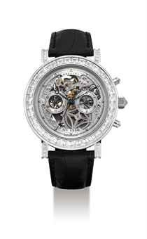 BREGUET. AN IMPRESSIVE AND EXTREMELY FINE 18K WHITE GOLD AND DIAMOND-SET SKELETONISED CHRONOGRAPH WRISTWATCH