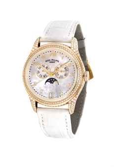 PATEK PHILIPPE. A LADY’S FINE AND ATTRACTIVE 18K PINK GOLD AND DIAMOND-SET AUTOMATIC ANNUAL CALENDAR WRISTWATCH WITH SWEEP CENTRE SECONDS AND MOTHER-OF-PEARL DIAL
