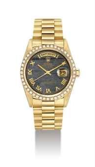 ROLEX. A FINE 18K GOLD AND DIAMOND-SET AUTOMATIC WRISTWATCH WITH SWEEP CENTRE SECONDS, DAY, DATE, BRACELET AND GREY HARD STONE DIAL