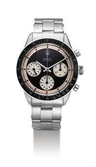 ROLEX. A RARE AND FINE STAINLESS STEEL CHRONOGRAPH WRISTWATCH WITH PAUL NEWMAN DIAL AND BRACELET