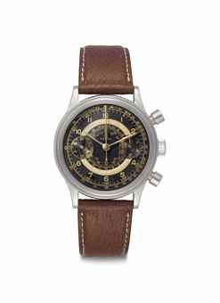 Omega. A Fine Stainless Steel Chronograph Wristwatch with Black and Gilt Dial