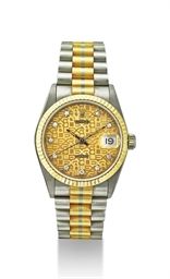 ROLEX. AN 18K THREE COLOUR GOLD AND DIAMOND-SET AUTOMATIC WRISTWATCH WITH SWEEP CENTRE SECONDS, DATE AND BRACELET