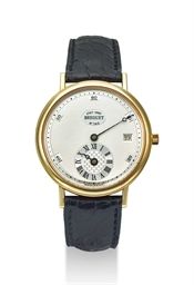 BREGUET. AN 18K GOLD LIMITED EDITION AUTOMATIC WRISTWATCH WITH DATE AND REGULATOR-TYPE DIAL, MADE TO COMMEMORATE THE 250 TH ANNIVERSARY OF THE BIRTH OF ABRAHAM LOUIS BREGUET IN 1747