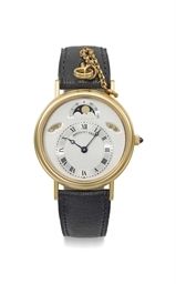Breguet. A fine 18K gold automatic wristwatch with day, date, moon phases, setting pin and box