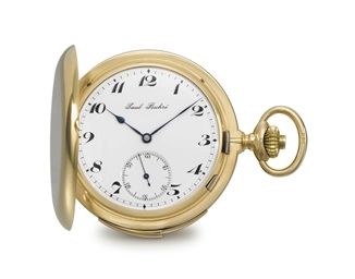 Paul Buhré. A very fine and extremely rare 18K gold hunter case Westminster chime carillon minute repeating keyless lever watch with four hammers and four gongs, made for the English market