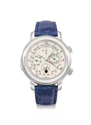 Patek Philippe. An extremely fine, rare and important platinum double-dial wristwatch with twelve complications including cathedral minute repeater, tourbillon, perpetual calendar with retrograde date, moon age and angular motion, sidereal time and sky ch
