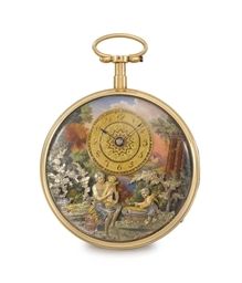 Henry Capt. A very fine, rare and attractive 18K gold and enamel openface two-train quarter repeating musical automaton watch with four actions