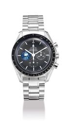 OMEGA. A FINE AND RARE STAINLESS STEEL LIMITED EDITION CHRONOGRAPH WRISTWATCH WITH BRACELET, MADE TO COMMEMORATE THE SILVER SNOOPY AWARD PRESENTED TO OMEGA