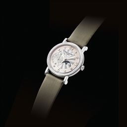 PATEK PHILIPPE. A LADY ’ S FINE 18K WHITE GOLD AND DIAMOND-SET WRISTWATCH WITH MOON PHASES AND MOTHER-OF-PEARL DIAL