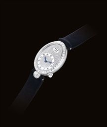 BREGUET. A LADY ’ S FINE 18K WHITE GOLD, DIAMOND AND MOTHER-OF-PEARL-SET OVOID-SHAPED AUTOMATIC WRISTWATCH