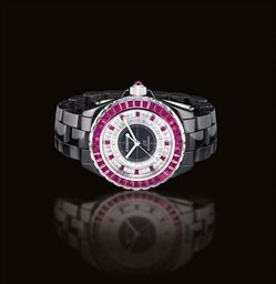 CHANEL. A FINE AND RARE 18K WHITE GOLD, CERAMIC, DIAMOND AND RUBY-SET LIMITED EDITION AUTOMATIC WRISTWATCH WITH SWEEP CENTRE SECONDS AND BRACELET