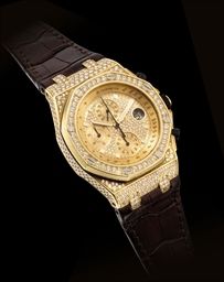 AUDMEARS PIGUET. A FINE 18K GOLD AND DIAMOND-SET AUTOMATIC CHRONOGRAPH WRISTWATCH WITH DATE