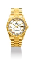 ROLEX. A RARE AND ATTRACTIVE 18K GOLD AND DIAMOND-SET AUTOMATIC WRISTWATCH WITH SWEEP CENTRE SECONDS, DAY, DATE, BRACELET AND MARBLE DIAL