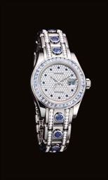 ROLEX. A LADY'S FINE AND RARE 18K WHITE GOLD, DIAMOND AND SAPPHIRE-SET AUTOMATIC WRISTWATCH WITH SWEEP CENTRE SECONDS, DATE AND BRACELET