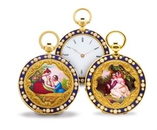 F. COURVOISIER. AN EXTREMELY FINE, RARE AND THIN GOLD, ENAMEL AND PEARL-SET OPENFACE PAIR CASE CABRIOLET WATCH WITH KEYWOUND CYLINDER ESCAPEMENT