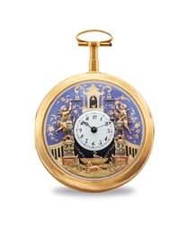 CHEVALIER COCHET. A FINE, RARE AND ATTRACTIVE 18K PINK GOLD AND ENAMEL OPENFACE À TOC QUARTER REPEATING FIVE AUTOMATON VERGE WATCH