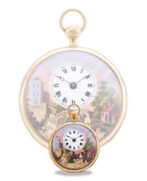 HENRY CAPT. A VERY FINE, RARE AND ATTRACTIVE 18K PINK GOLD AND ENAMEL OPENFACE TWO-TRAIN QUARTER REPEATING MUSICAL AUTOMATON KEYWOUND CYLINDER WATCH