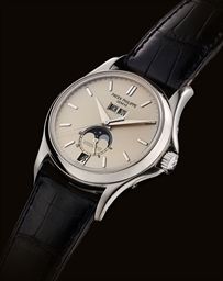 PATEK PHILIPPE. A FINE AND RARE 18K WHITE GOLD LIMITED EDITION AUTOMATIC ANNUAL CALENDAR WRISTWATCH WITH SWEEP CENTRE SECONDS, 24 HOUR INDICATION AND MOON PHASES, MADE TO COMMEMORATE THE 125TH ANNIVERSARY OF WEMPE IN 2003