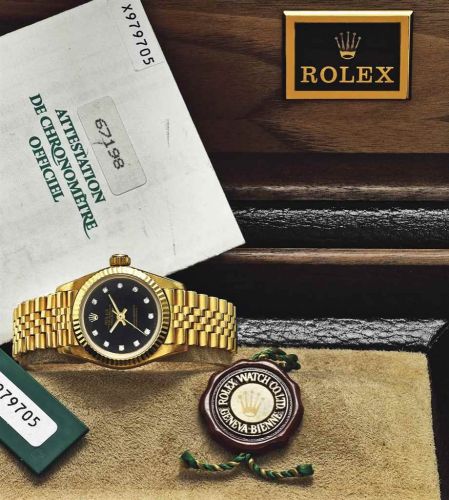 ROLEX. AN 18K GOLD AND DIAMOND-SET AUTOMATIC SWEEP CENTRE SECONDS WRISTWATCH WITH BRACELET