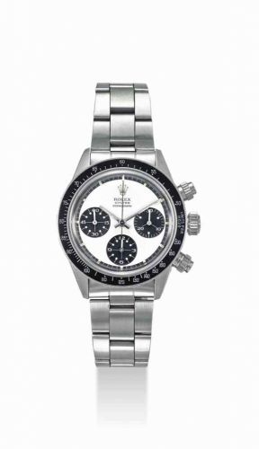 ROLEX. A VERY RARE AND EXTREMELY ATTRACTIVE STAINLESS STEEL CHRONOGRAPH WRISTWATCH WITH PANDA PAUL NEWMAN DIAL, BRACELET, WARRANTY AND BOX