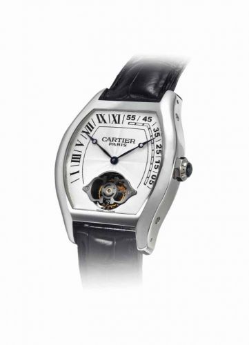 CARTIER. A VERY RARE PLATINUM LIMITED EDITION TONNEAU-SHAPED DOUBLE RETROGRADE TOURBILLON WRISTWATCH