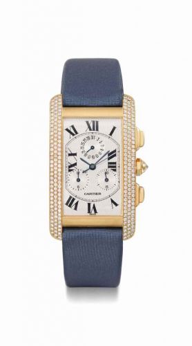 CARTIER. A FINE 18K GOLD AND DIAMOND-SET CHRONOGRAPH WRISTWATCH WITH DATE