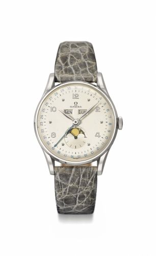 Omega. A fine stainless steel wristwatch with triple calendar and phases of the moon