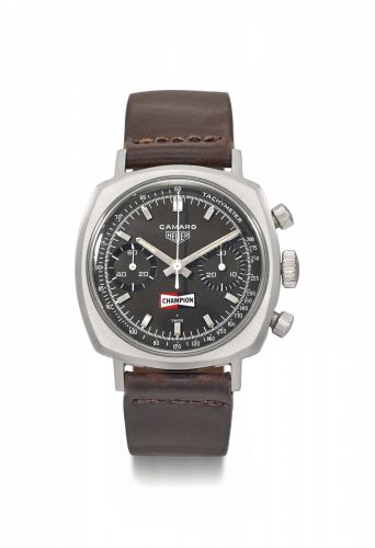Heuer. A rare and fine stainless steel cushion-shaped chronograph wristwatch with tachymeter scale