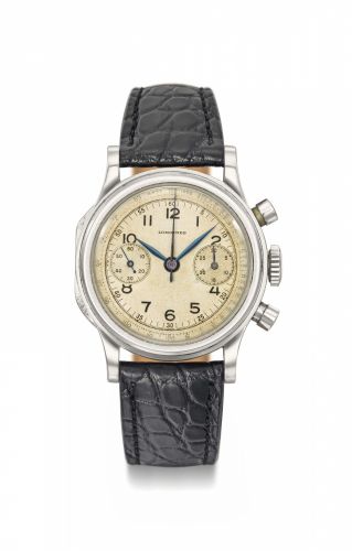 Longines. A very fine and rare stainless steel chronograph wristwatch with two tone dial