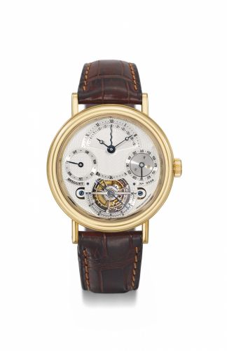 Breguet. A very fine, rare and large 18K gold perpetual calendar tourbillon wristwatch with retrograde date and original certificate