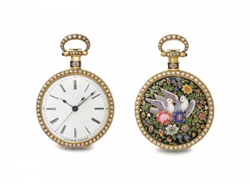 Vaucher. A very fine, rare and attractive 18K gold, champlevé enamel and pearl-set openface centre seconds cylinder watch, made for the Chinese market